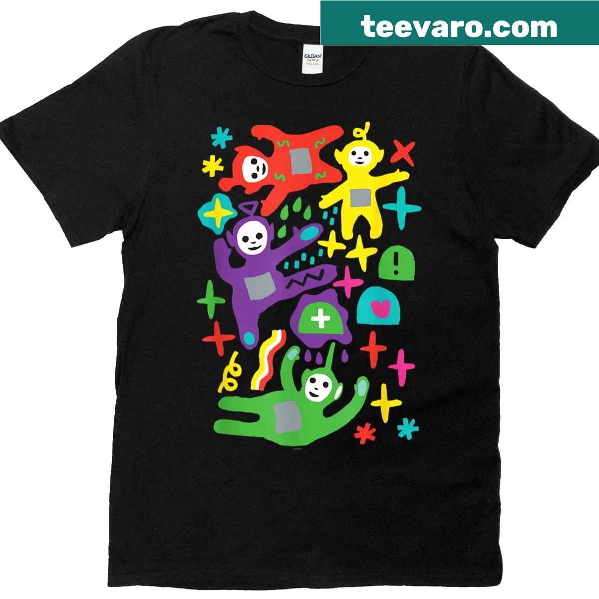 Playful Teletubbies design T-shirt celebrating 90s nostalgia — on a men's t-shirt