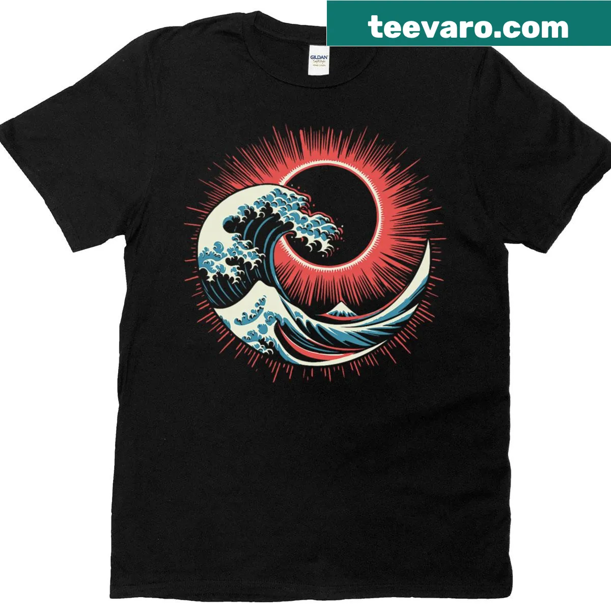 T-shirt featuring The Great Wave of Kanagawa with a total solar eclipse design — on a men's t-shirt