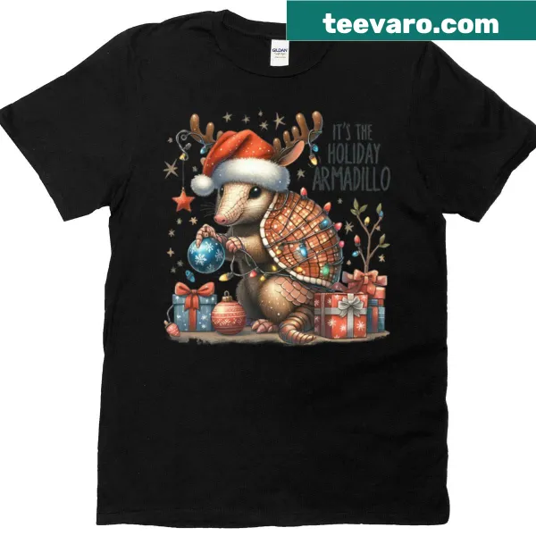 Festive t-shirt with a cute Holiday Armadillo illustration for Christmas