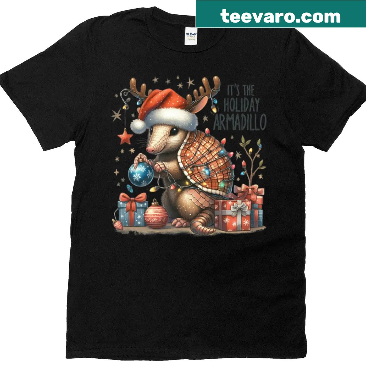Festive t-shirt with a cute Holiday Armadillo illustration for Christmas — on a men's t-shirt