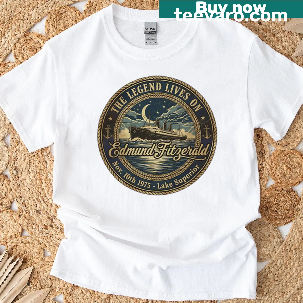 Badge-style graphic honoring Great Lakes shipwreck history on a tee — on a men's t-shirt