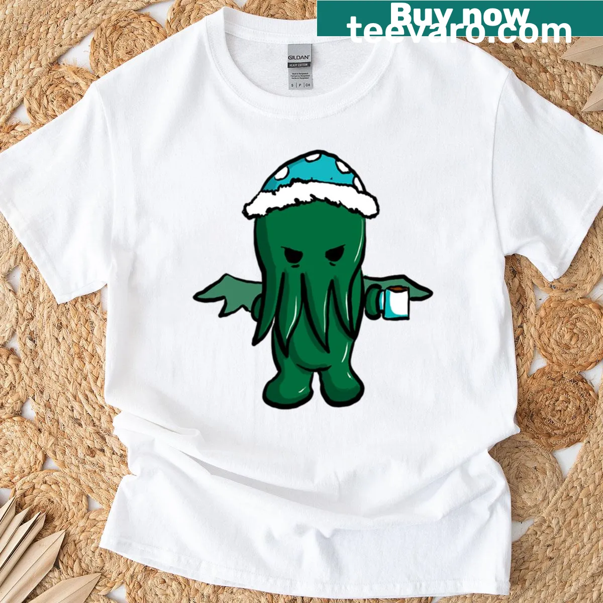 Chilling illustration of Cthulhu on a T-shirt — on a men's t-shirt