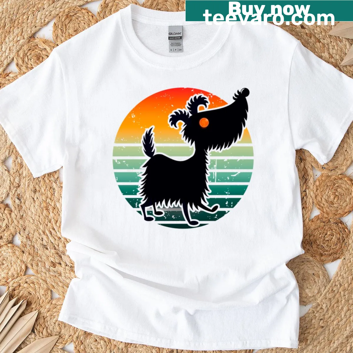 Silhouette of a dog against a sunset on a tee — on a men's t-shirt