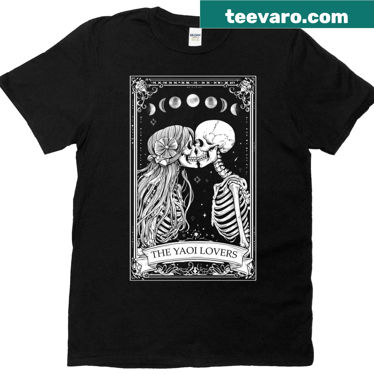 Anime-inspired t-shirt featuring yaoi themes and tarot card skeletons — on a men's t-shirt
