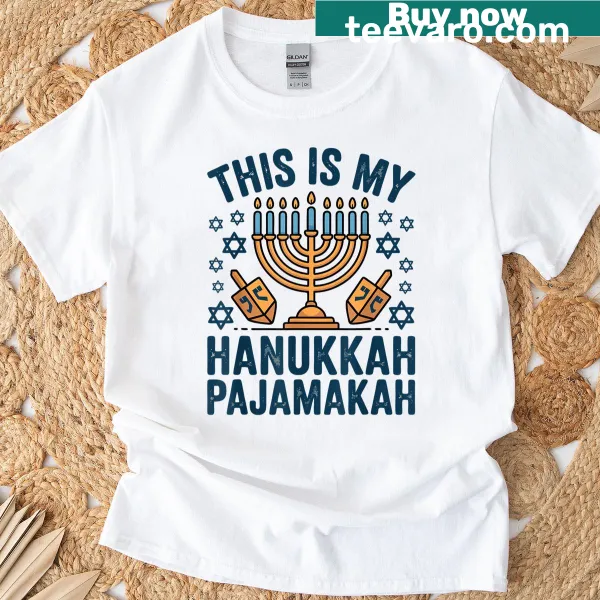 Hanukkah-themed T-shirt with menorah and dreidel illustration