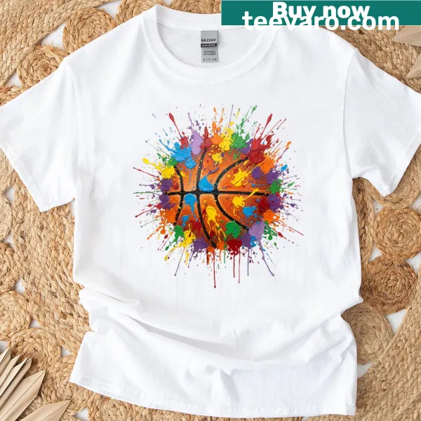 Artistic paint splash design featuring a basketball player on T-shirt