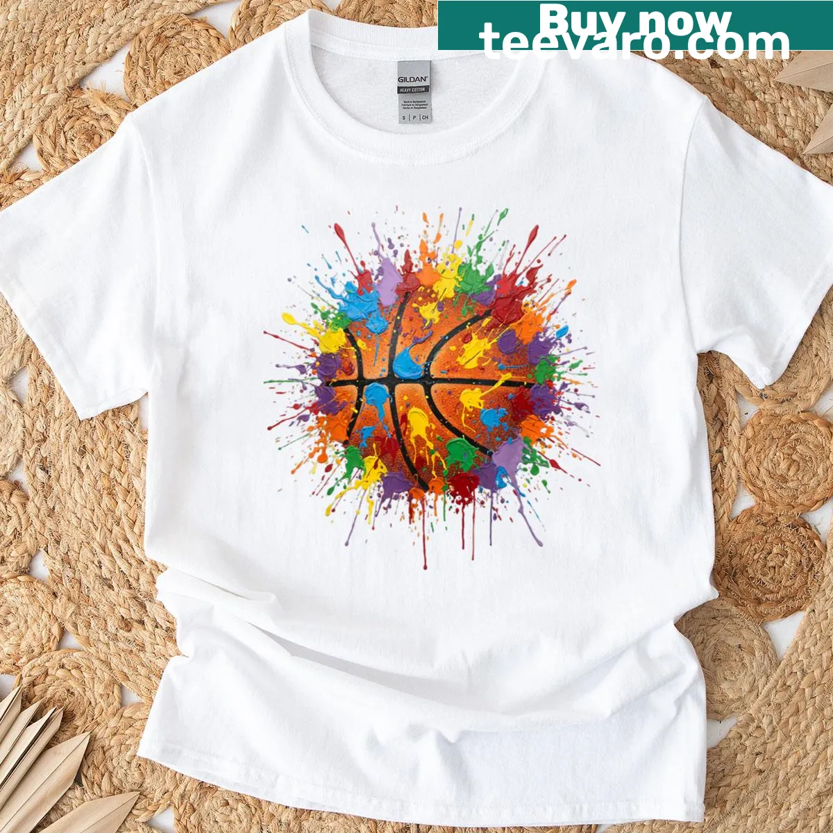 Artistic paint splash design featuring a basketball player on T-shirt — on a men's t-shirt