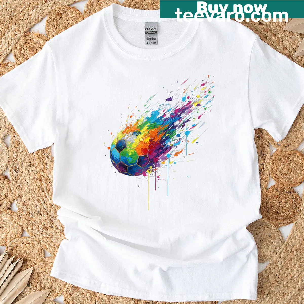 Dynamic paint splats soccer graphic on a t-shirt — on a men's t-shirt