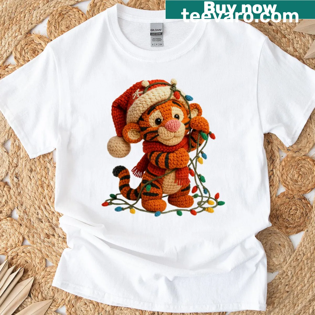 T-shirt featuring a tiger cub wrapped in Christmas lights — on a men's t-shirt