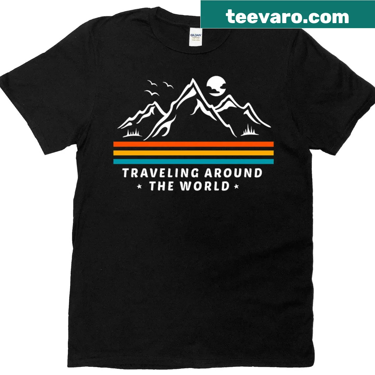 Adventure-themed T-shirt with a van and world landmarks illustration — on a men's t-shirt