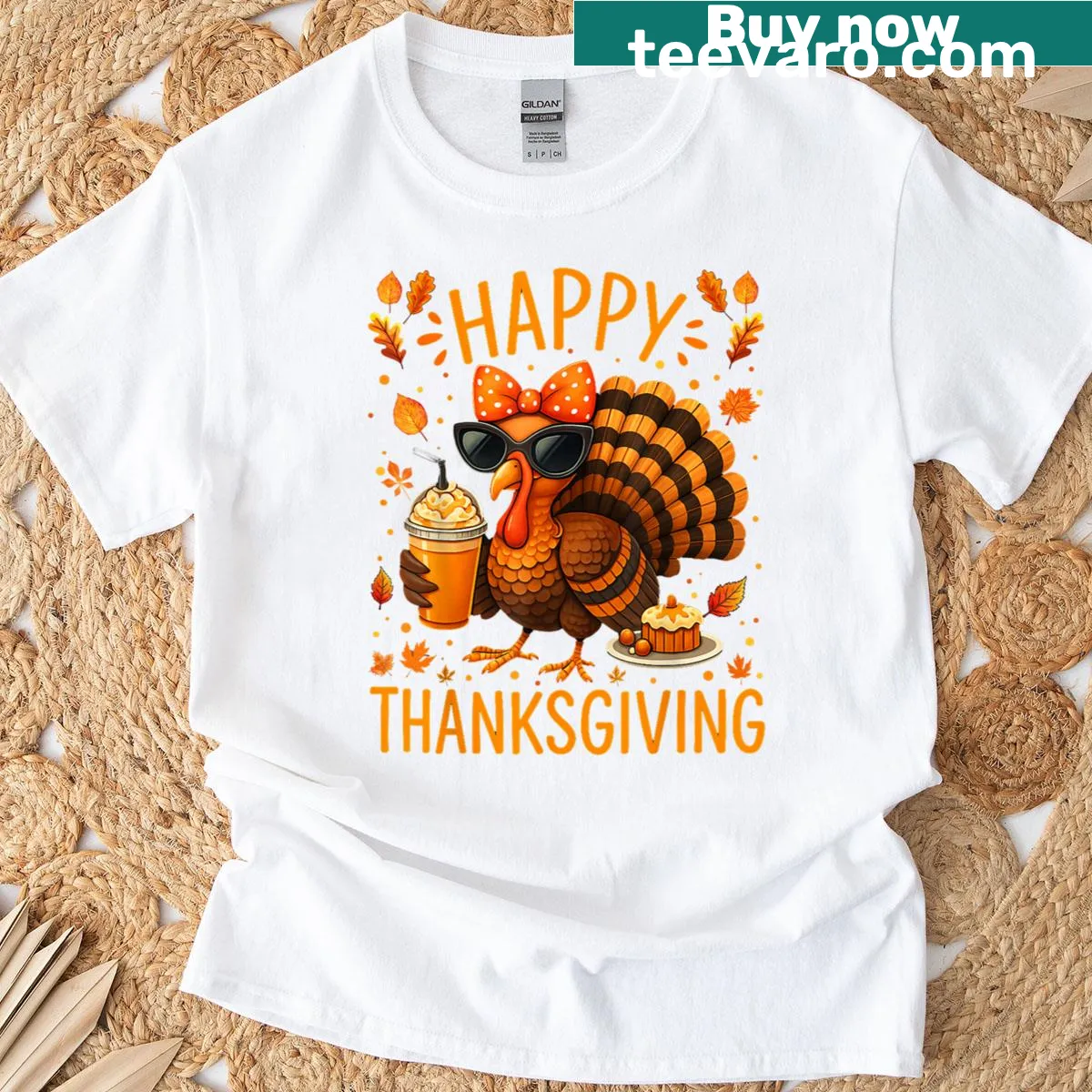 Thanksgiving T-shirt with a turkey lady holding coffee — on a men's t-shirt