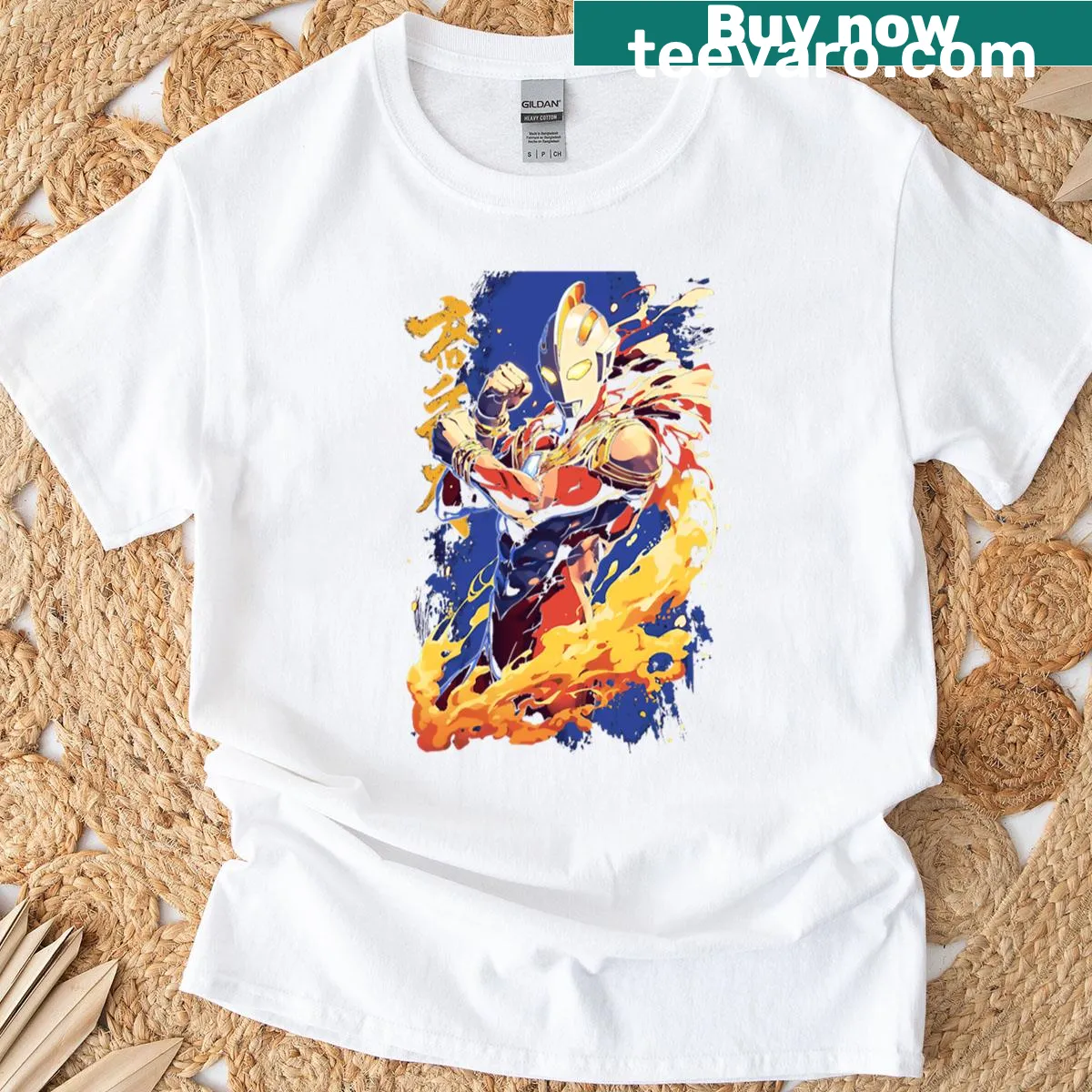 Ultraman T-shirt with Japanese calligraphy art — on a men's t-shirt