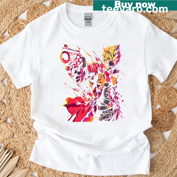 Anime gunslinger holding a revolver graphic t-shirt