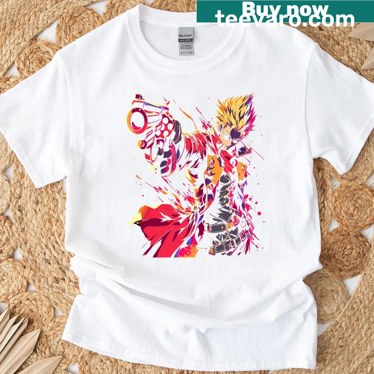 Anime gunslinger holding a revolver graphic t-shirt — on a men's t-shirt