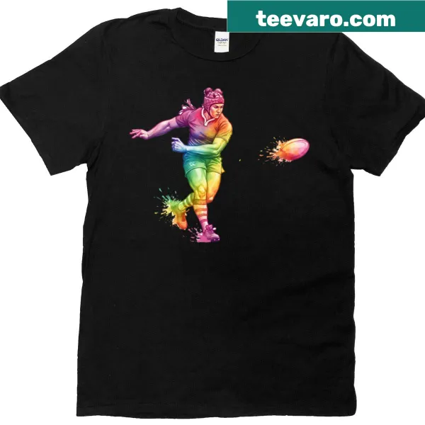 Watercolor art T-shirt featuring a female rugby player passing a ball