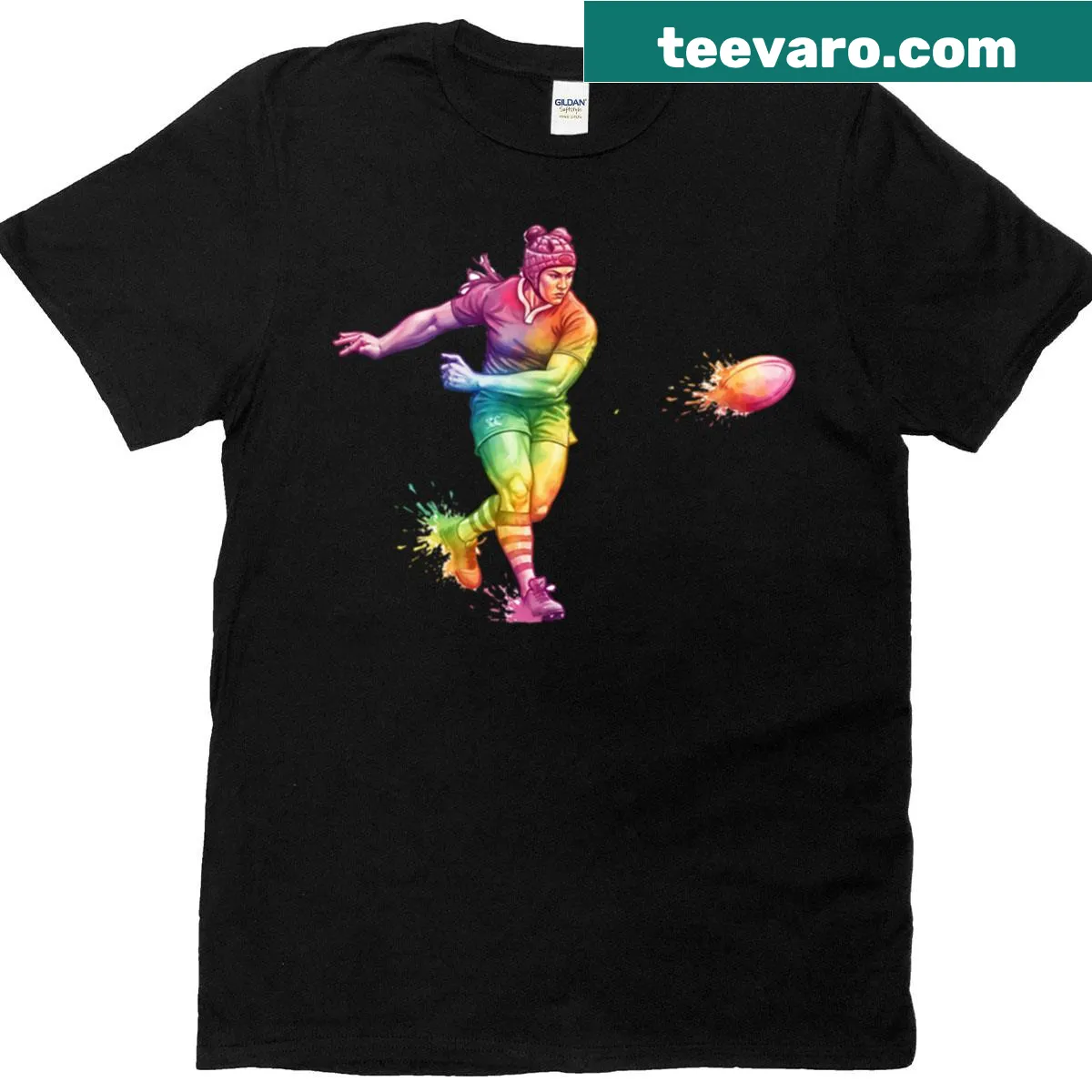 Watercolor art T-shirt featuring a female rugby player passing a ball — on a men's t-shirt