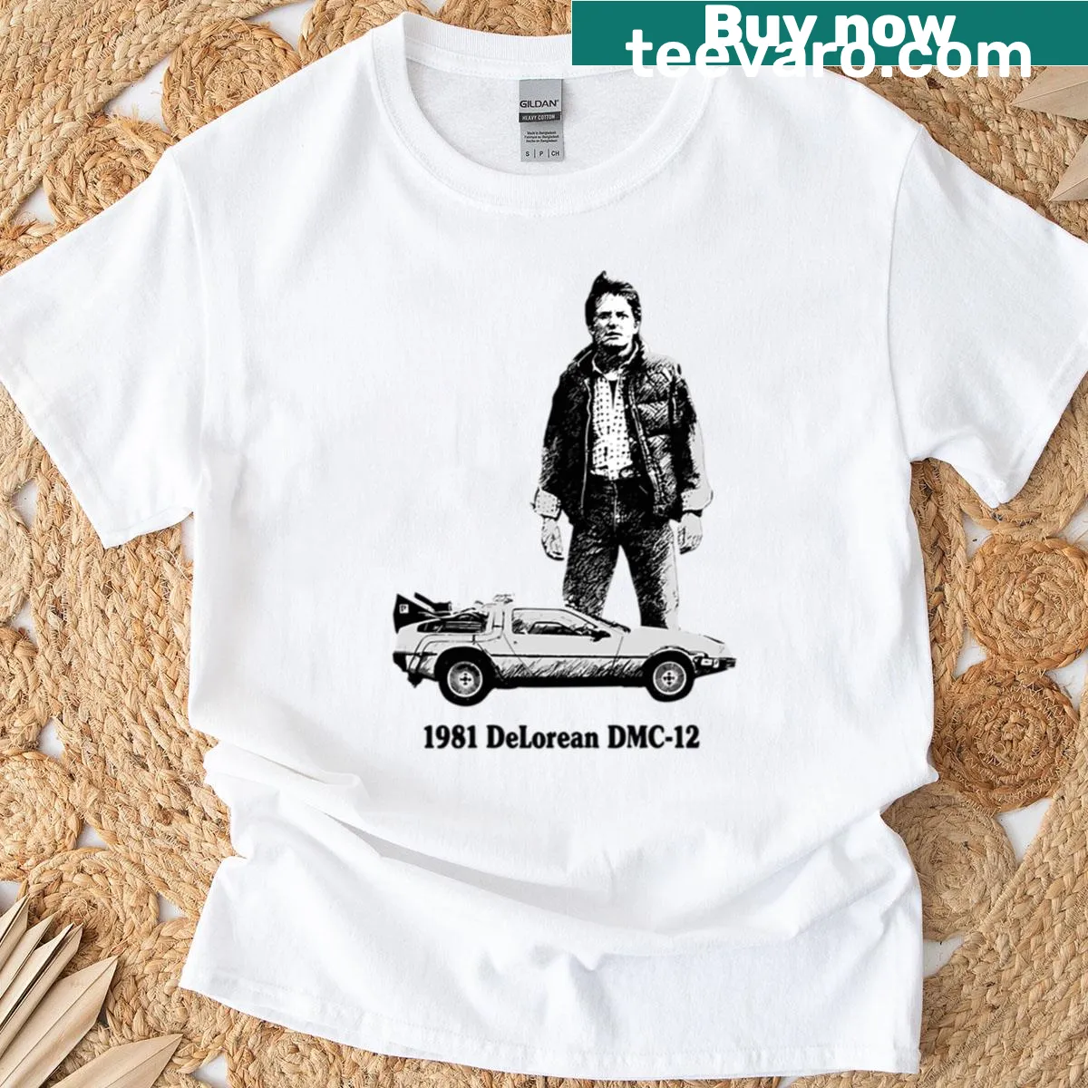 Vintage Delorean car graphic t-shirt — on a men's t-shirt