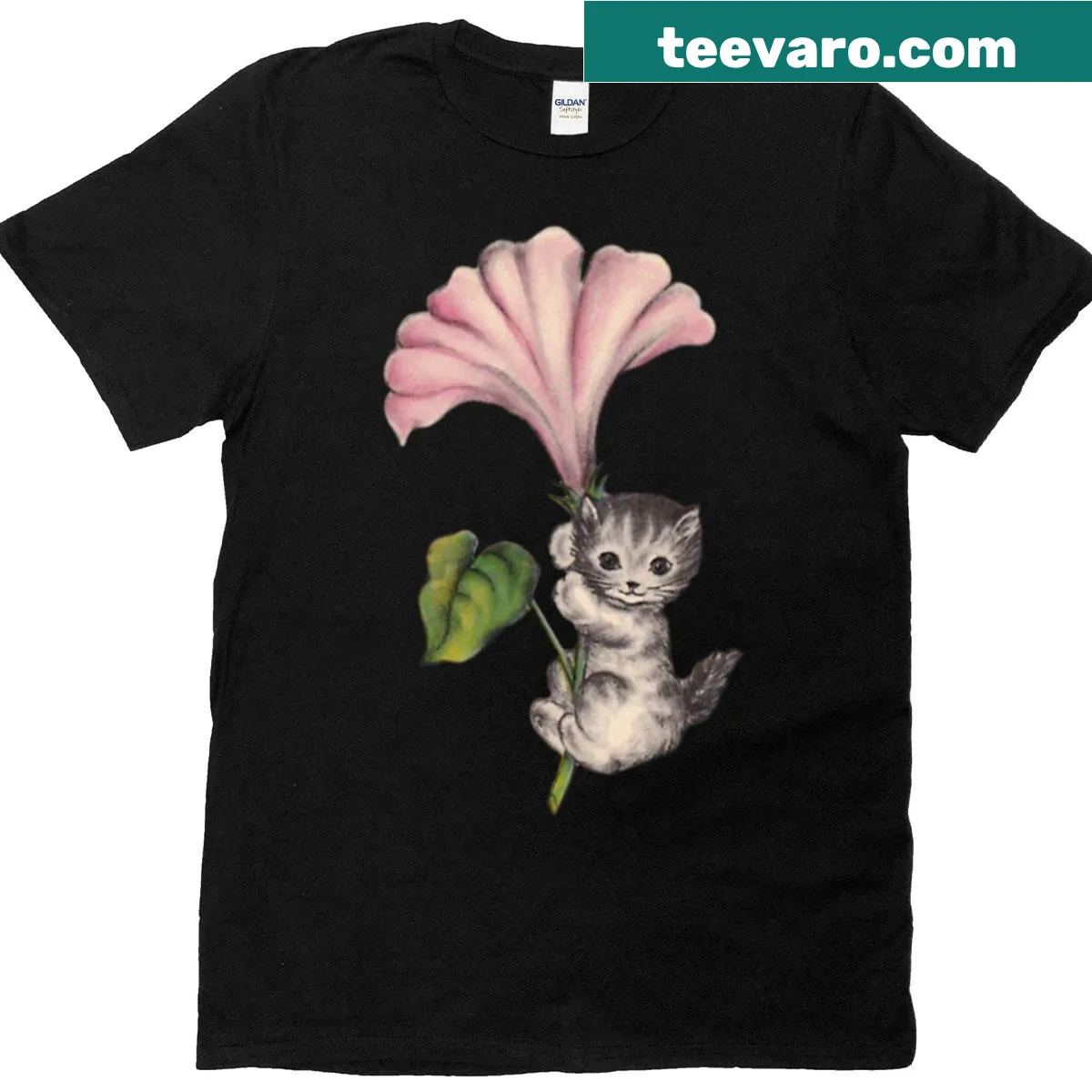 Vintage-style T-shirt featuring a cat with a flower illustration — on a men's t-shirt