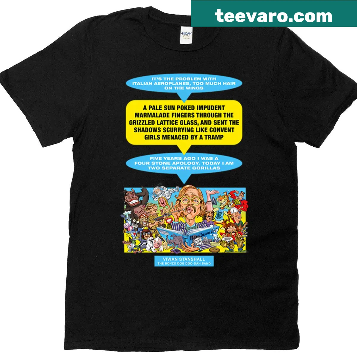 Illustrative T-shirt featuring a whimsical depiction of Vivian Stanshall — on a men's t-shirt
