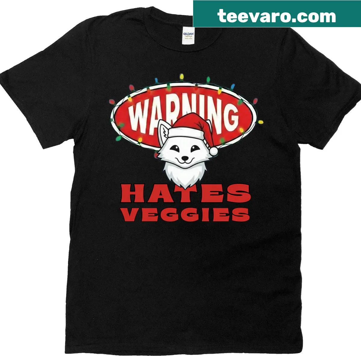 Funny T-shirt with a cartoon arctic fox and veggie warning text — on a men's t-shirt