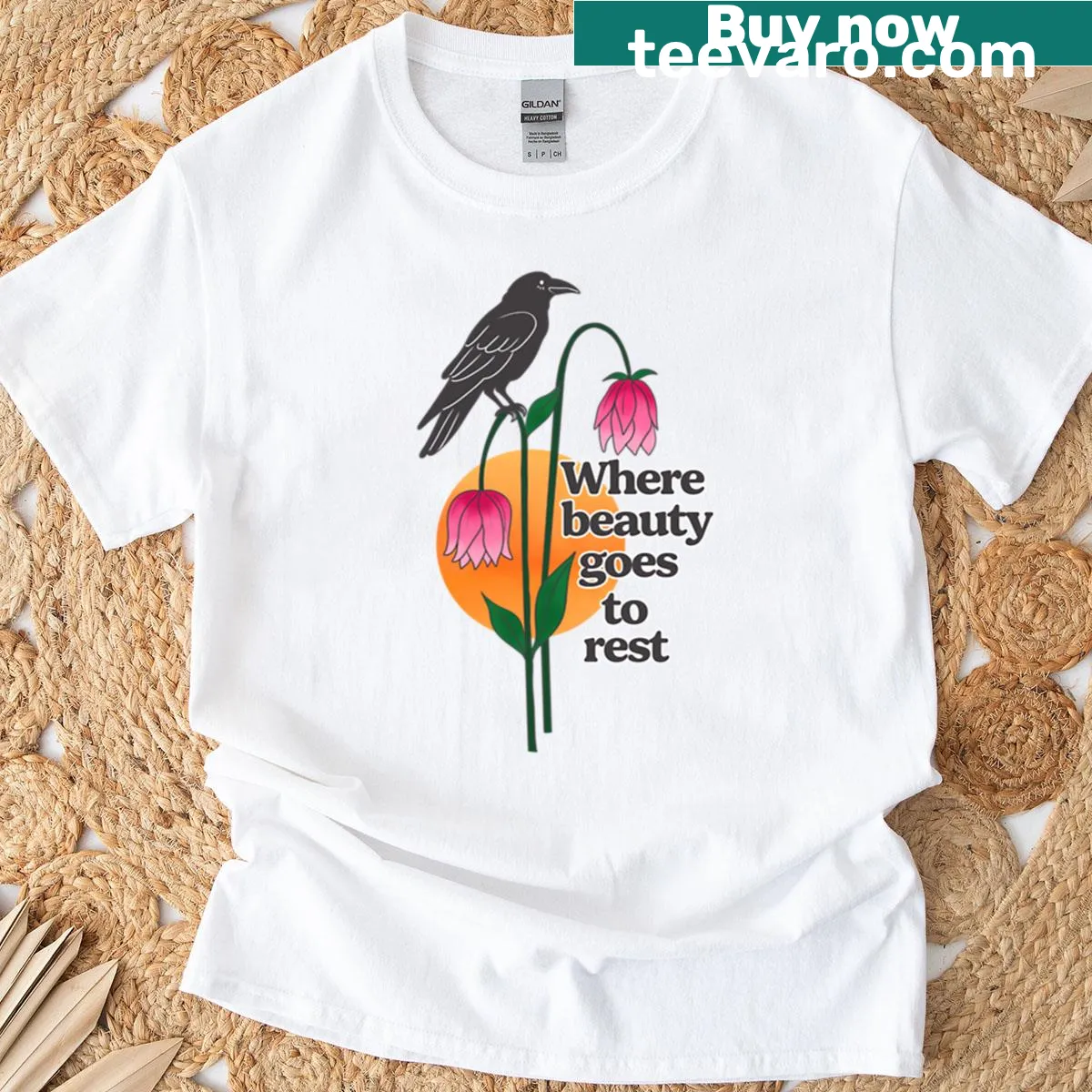 Nature-themed t-shirt with a crow on a flower — on a men's t-shirt