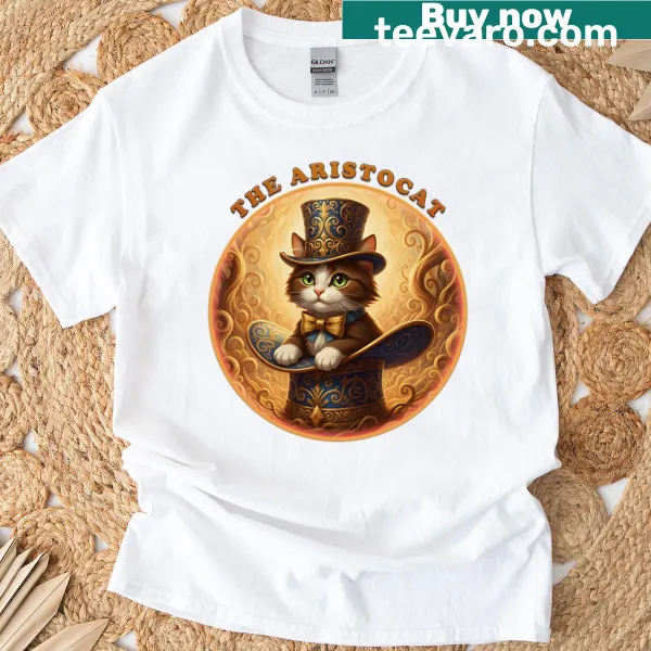 Whimsical cat design with gold baroque patterns on a T-shirt
