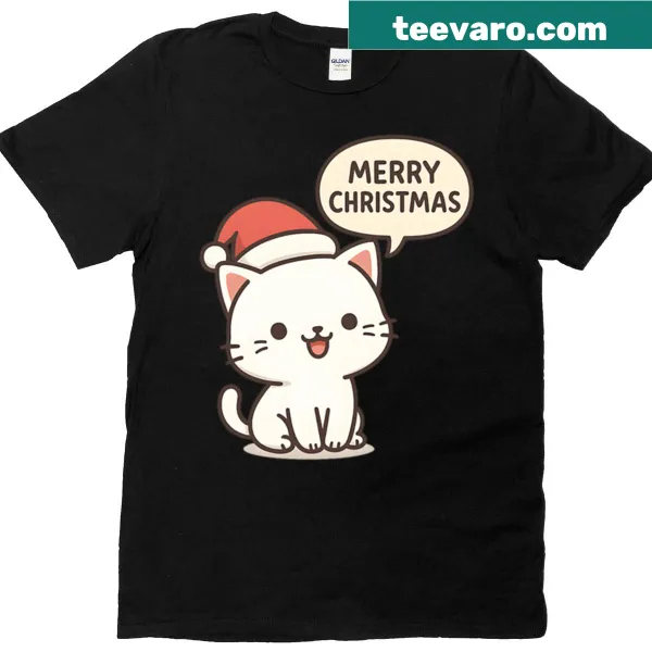 Cartoon T-shirt featuring a white cat in a Santa hat with 'Merry Christmas.'