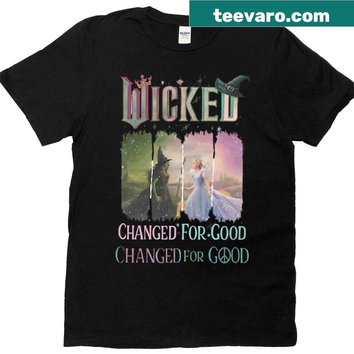 Broadway-themed T-shirt featuring Elphaba and Glinda from Wicked — on a men's t-shirt