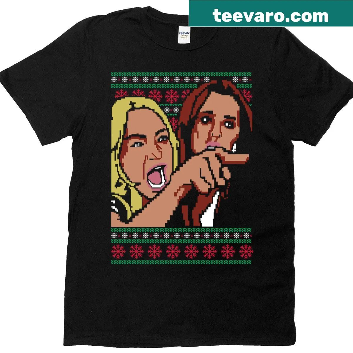 Christmas T-shirt featuring the 'Woman Yelling At Cat' meme in pixel art — on a men's t-shirt