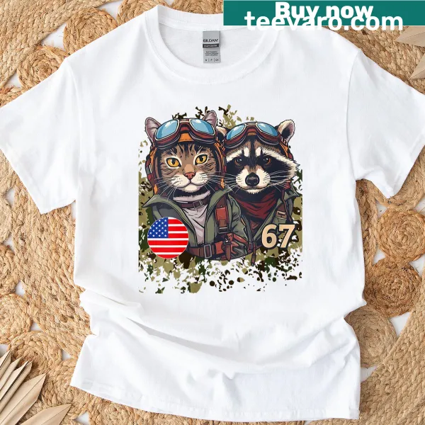 Whimsical cat and raccoon aviators graphic t-shirt