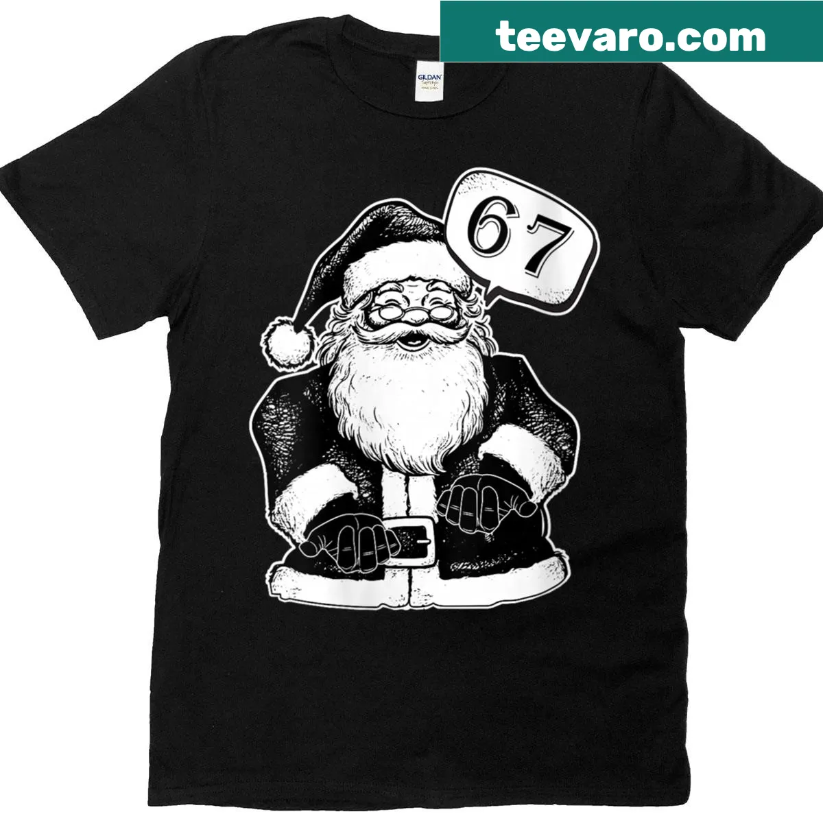 Funny Christmas meme shirt with Santa and text '6 7' — on a men's t-shirt
