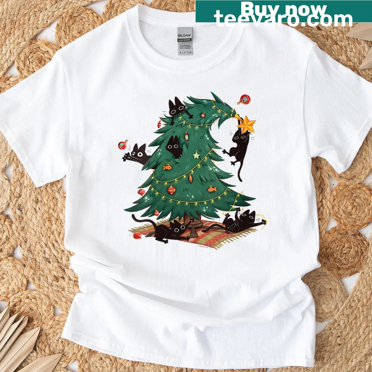 Funny holiday tee with black cats decorating a Christmas tree. — on a men's t-shirt