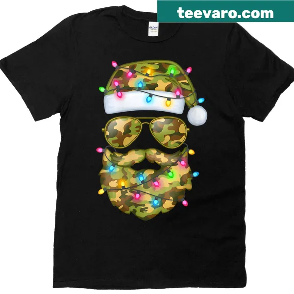 Funny women's Christmas t-shirt with camo Santa and Xmas lights