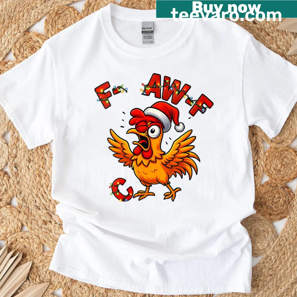 Funny bird Christmas t-shirt with Santa hat and F-caw-f text — on a men's t-shirt
