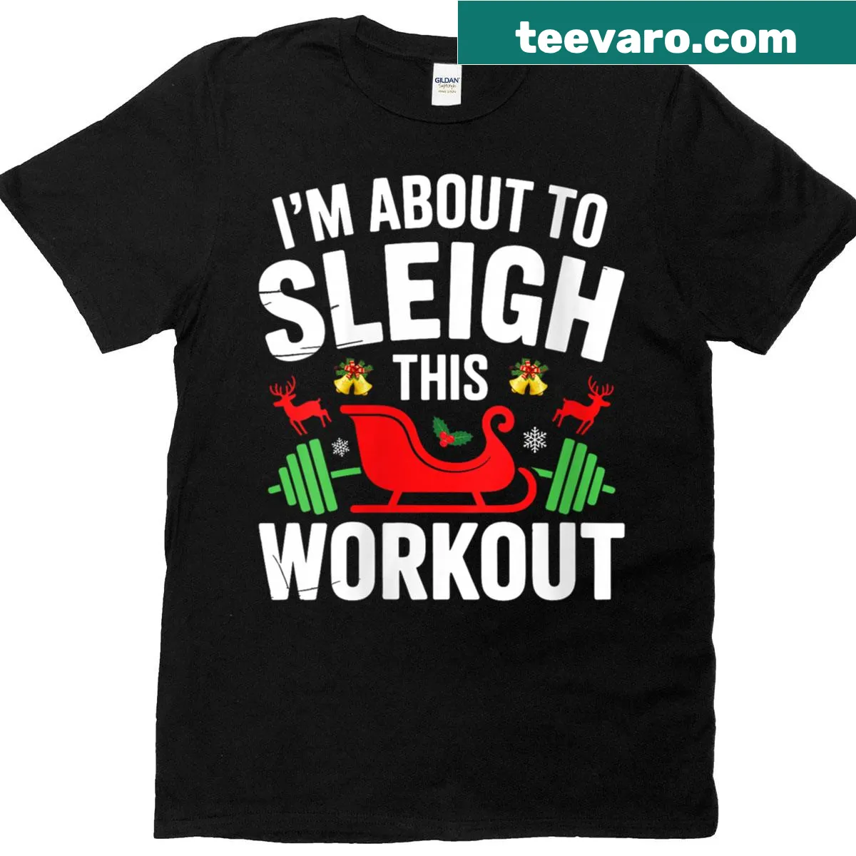 Funny Christmas T-shirt with 'I'm About To Sleigh This Workout' text — on a men's t-shirt