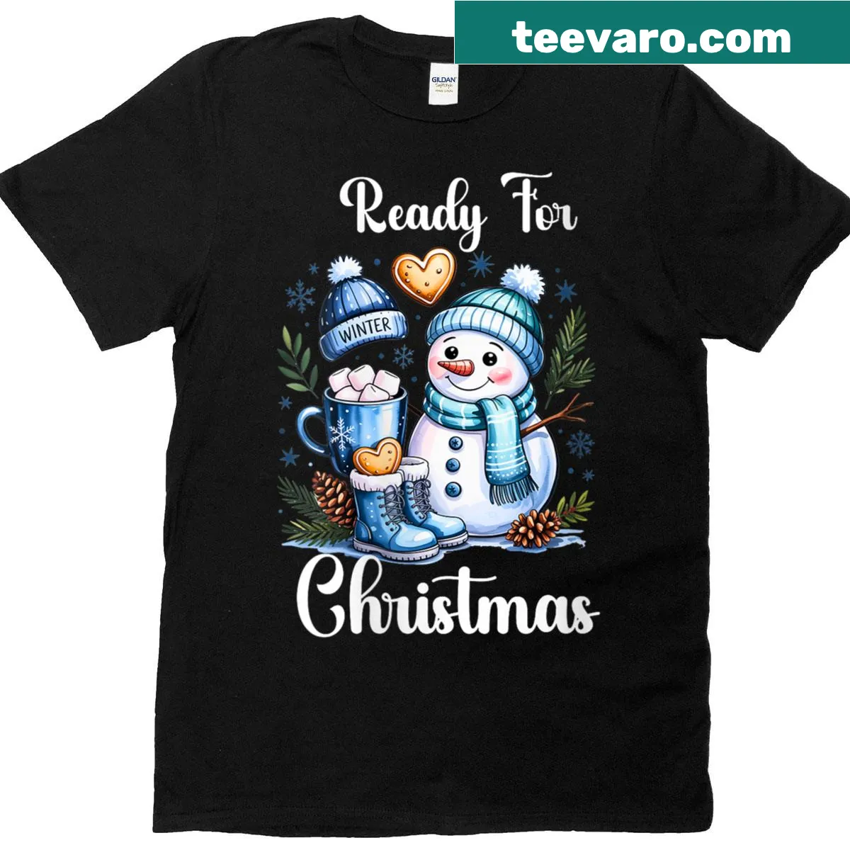 Snowman holding a mug on a Christmas-themed T-shirt for women — on a men's t-shirt