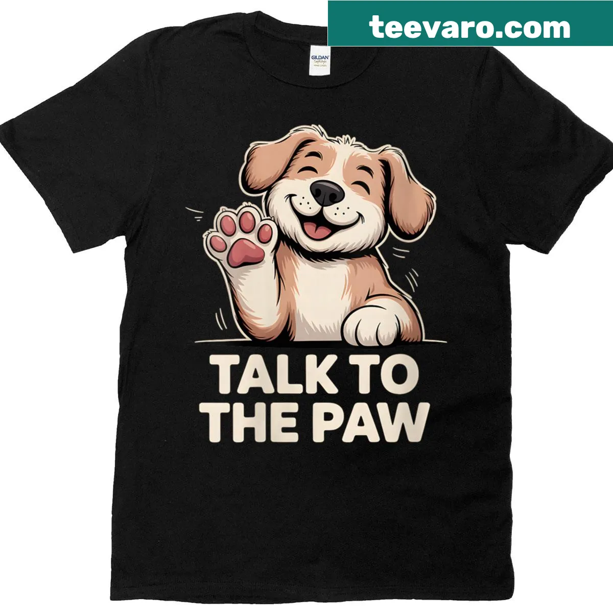 Cute T-shirt with a happy puppy and 'Talk To The Paw' message — on a men's t-shirt