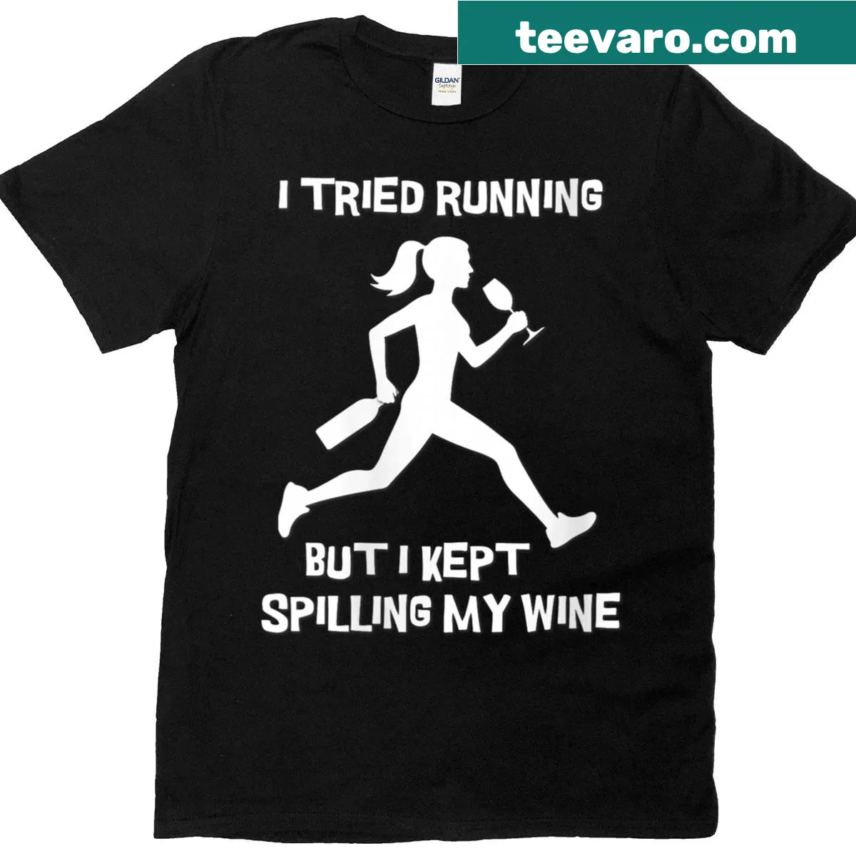 Humorous T-shirt with the phrase about jogging and spilling wine. — on a men's t-shirt