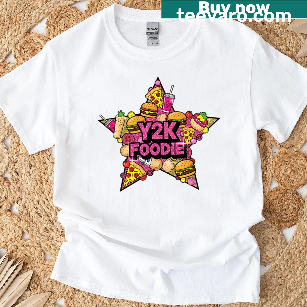 Cartoonish food explosion graphic on a Y2K-themed T-shirt — on a men's t-shirt