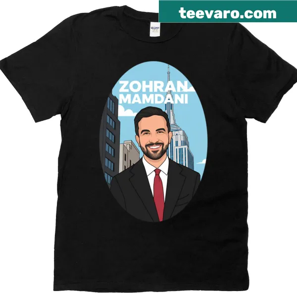 T-shirt with cartoon portrait of Zohran Mamdani and NYC skyline