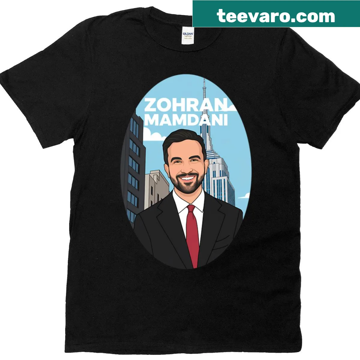 T-shirt with cartoon portrait of Zohran Mamdani and NYC skyline — on a men's t-shirt