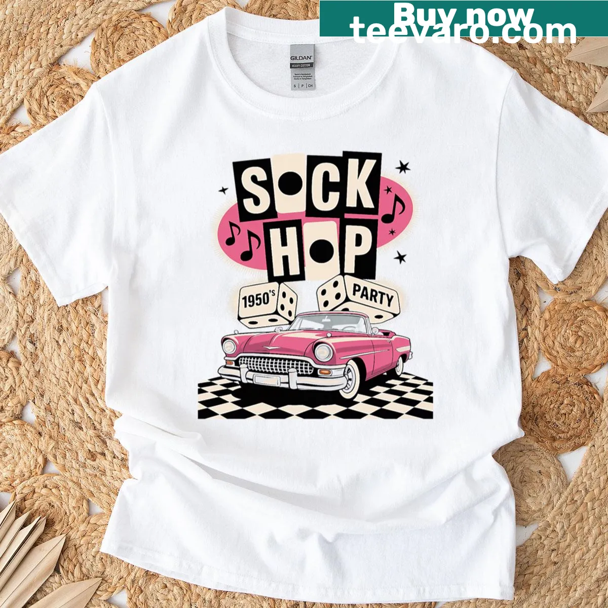 Retro 1950s-themed T-shirt celebrating sock hop dance parties. — on a men's t-shirt