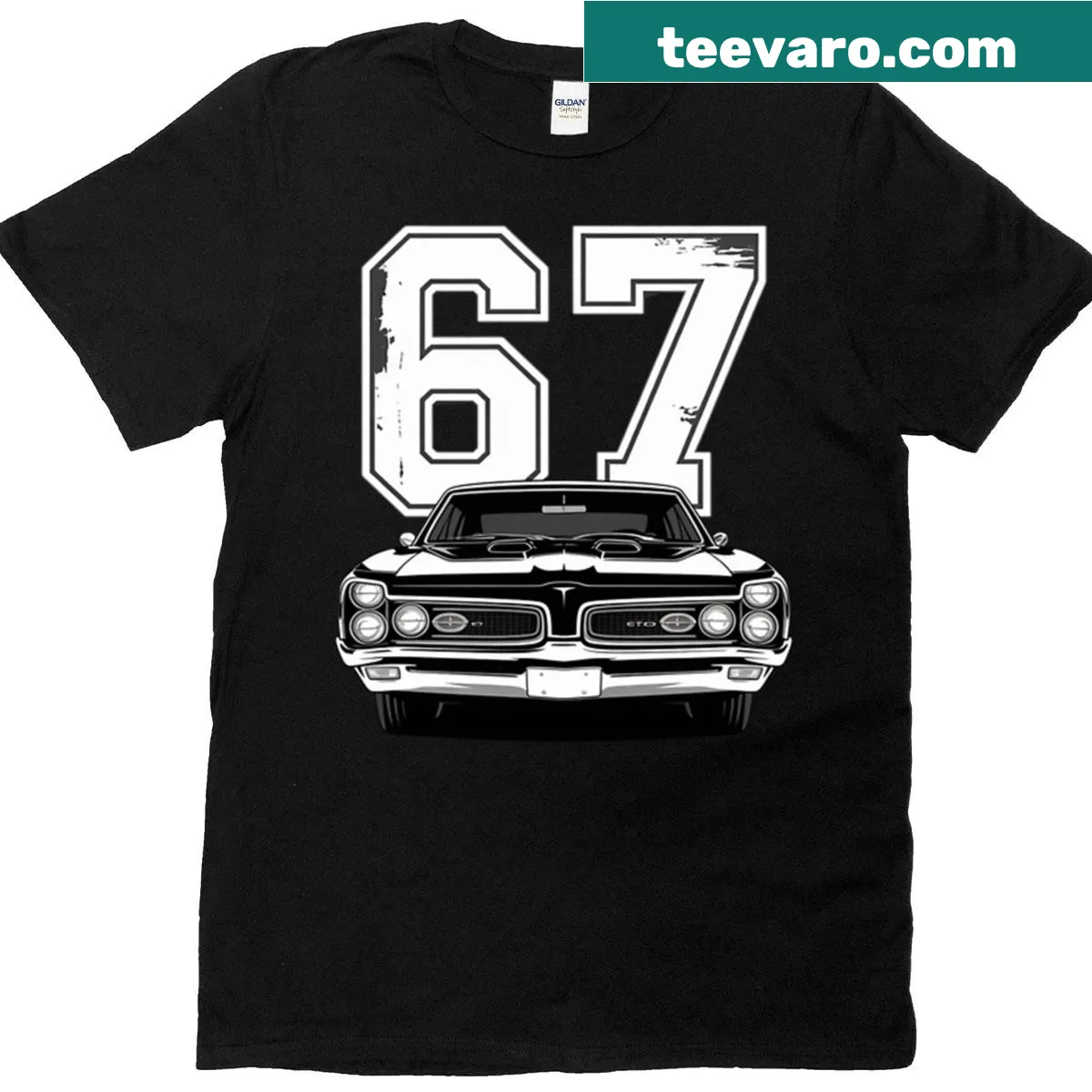 Graphic T-shirt featuring a 1967 GTO muscle car — on a men's t-shirt