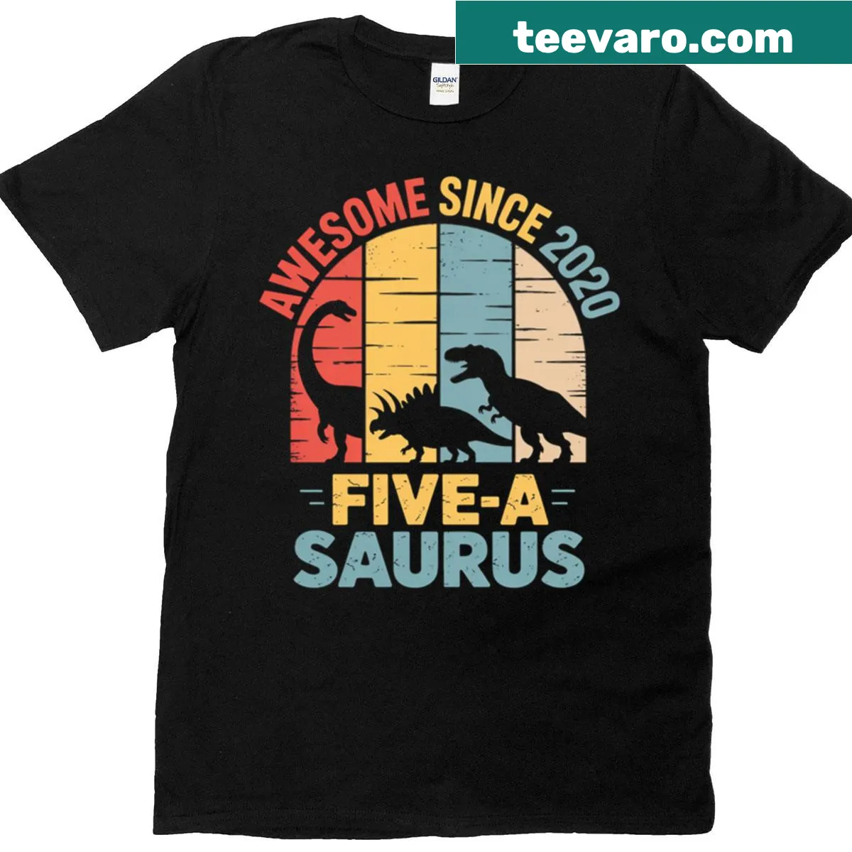 Cartoon T-Rex graphic t-shirt for a 5th birthday — on a men's t-shirt