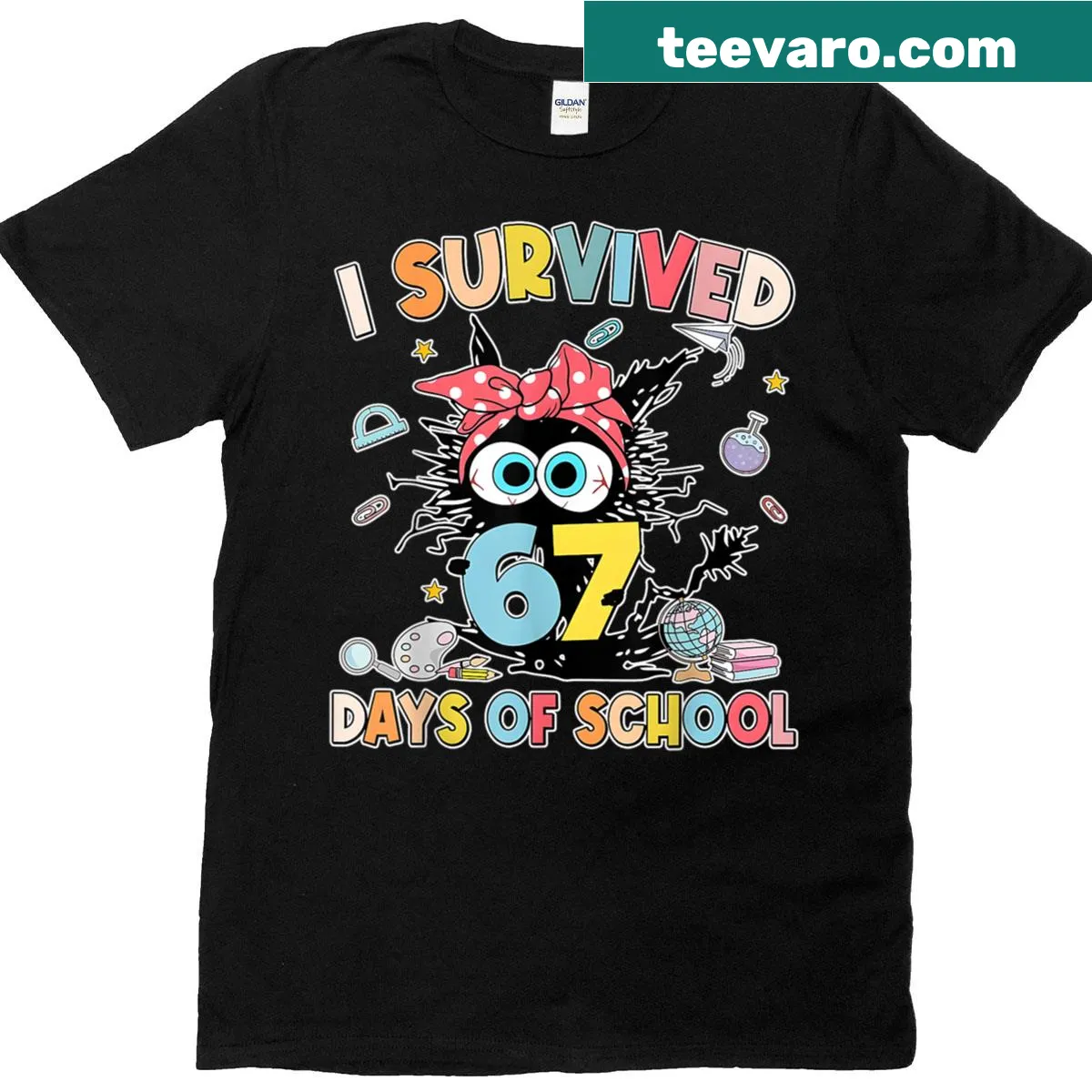 Funny school survival graphic with black cat on T-shirt — on a men's t-shirt