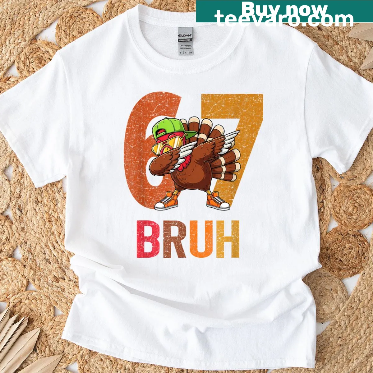 Funny Thanksgiving T-shirt featuring meme-inspired turkey design. — on a men's t-shirt