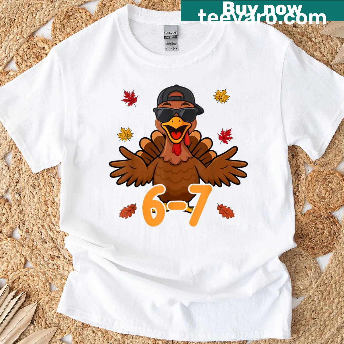 Funny 67 Thanksgiving Turkey meme t-shirt design — on a men's t-shirt