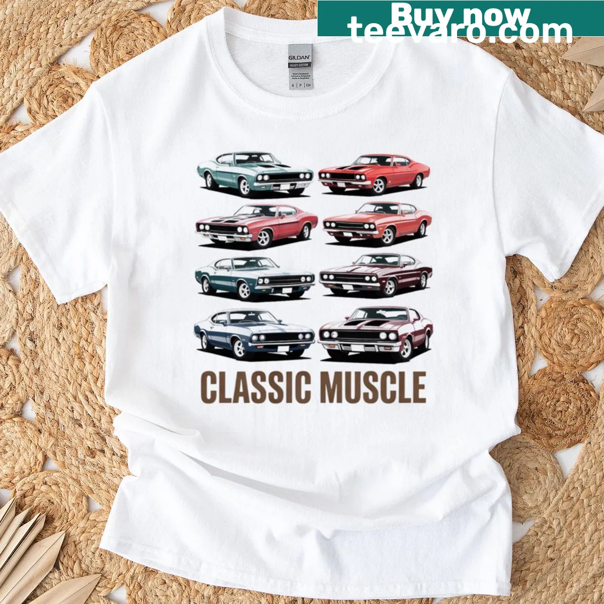 Realistic graphic of an American muscle car T-shirt — on a men's t-shirt