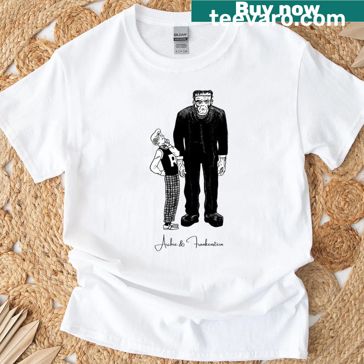 Retro comic-style t-shirt featuring Archie and Frankenstein with calligraphy. — on a men's t-shirt