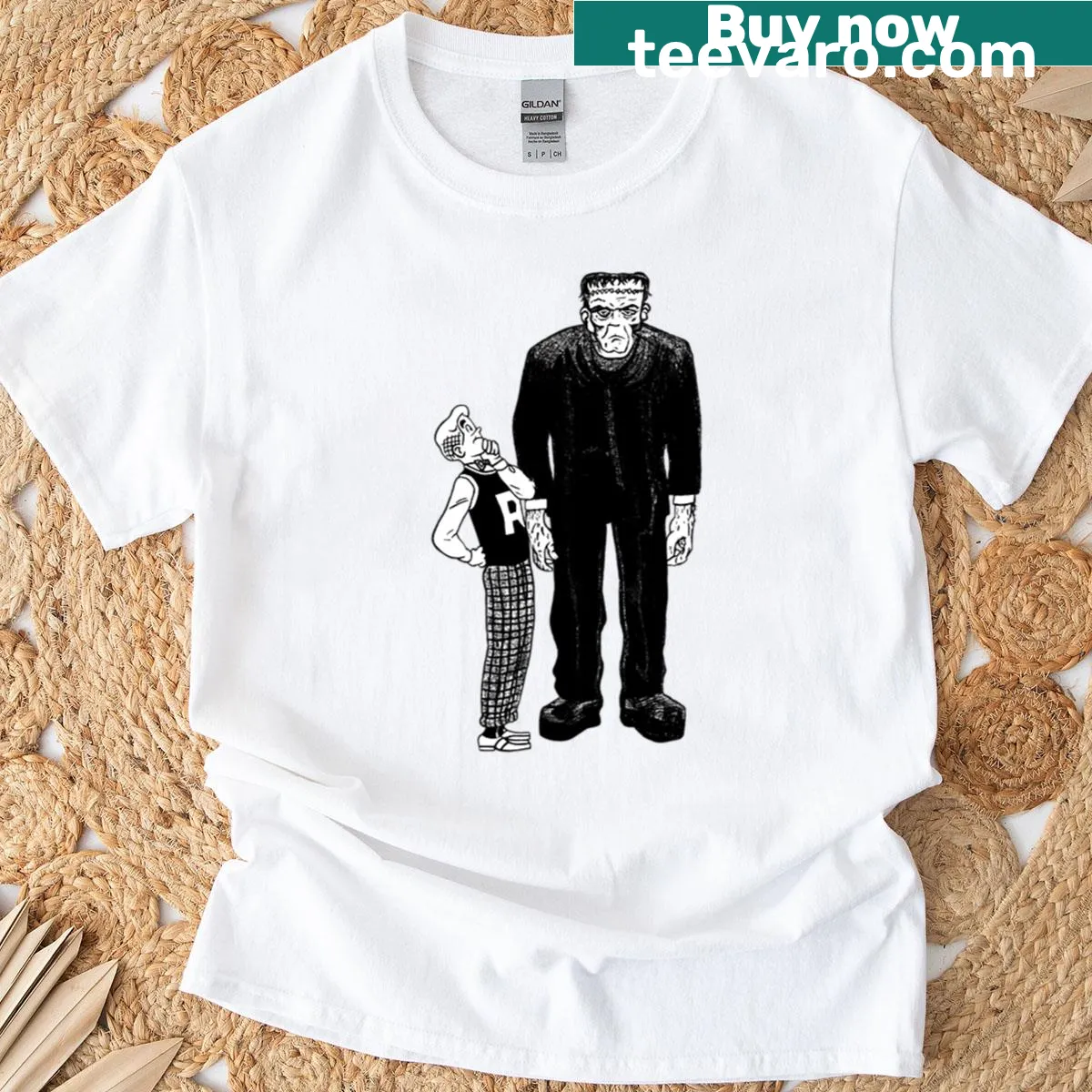 Comic-style t-shirt featuring Archie with Frankenstein in a vintage illustration. — on a men's t-shirt